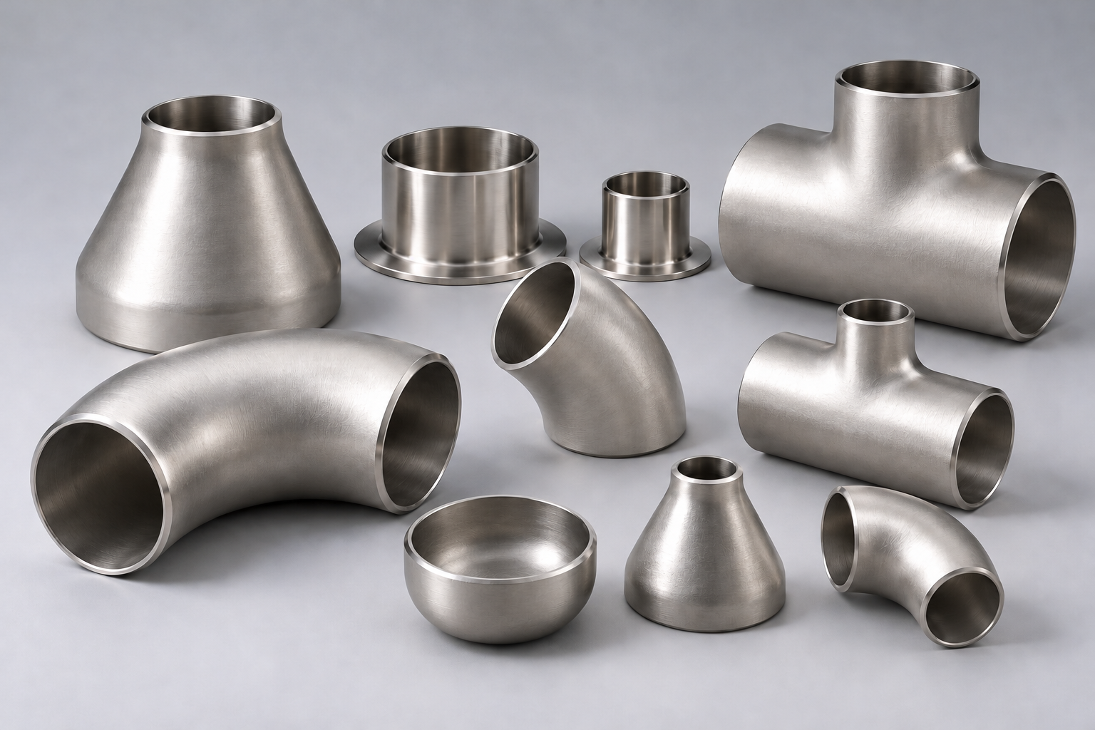 Stainless steel butt-weld fittings including tees, elbows, reducers, stub ends and an end cap