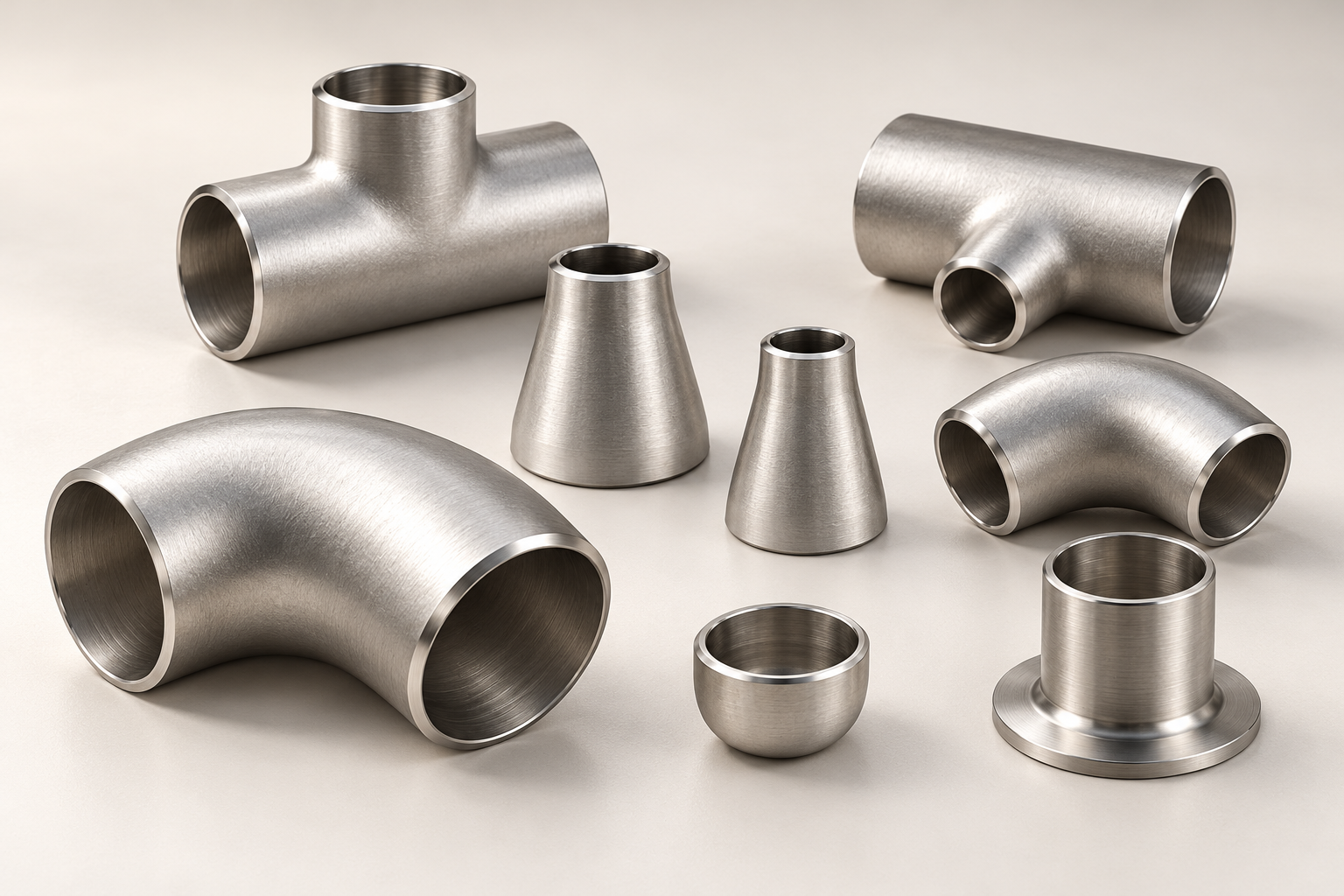 Stainless steel tees, elbows, reducers, an end cap and a stub end